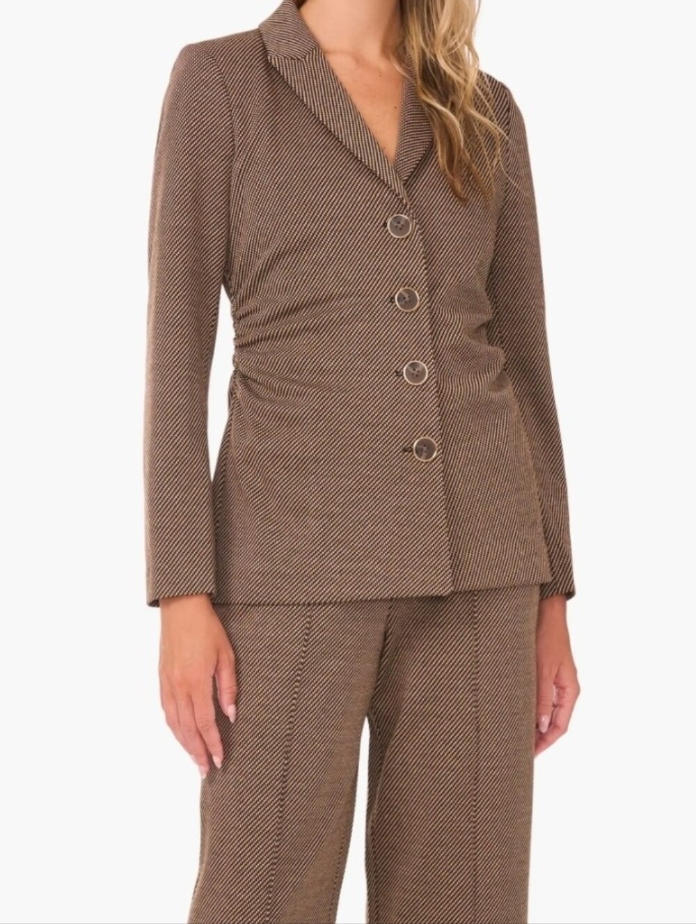 Brown Herringbone Button Blazer - Classic Tailored Jacket